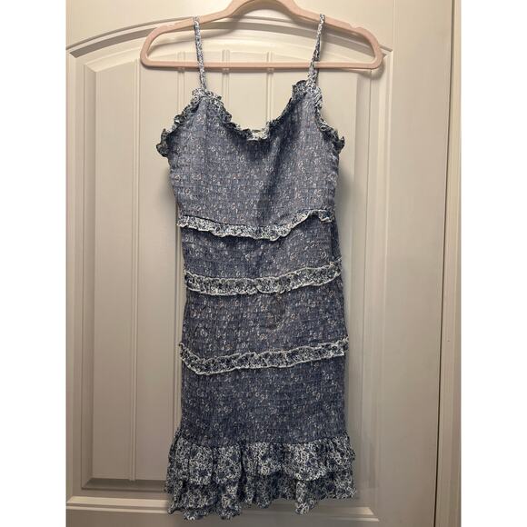 Sim & Sam Women’s Ruffled Tiered Floral Stretch Ruched Mini Dress Size M Blue - Picture 2 of 4